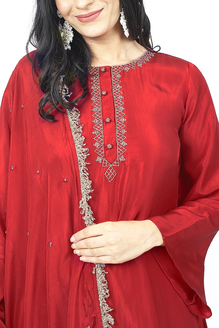 Red Pure Silk Cutdana & Dabka Embroidered Kurta Set by VILAAS at Pernia's Pop Up Shop
