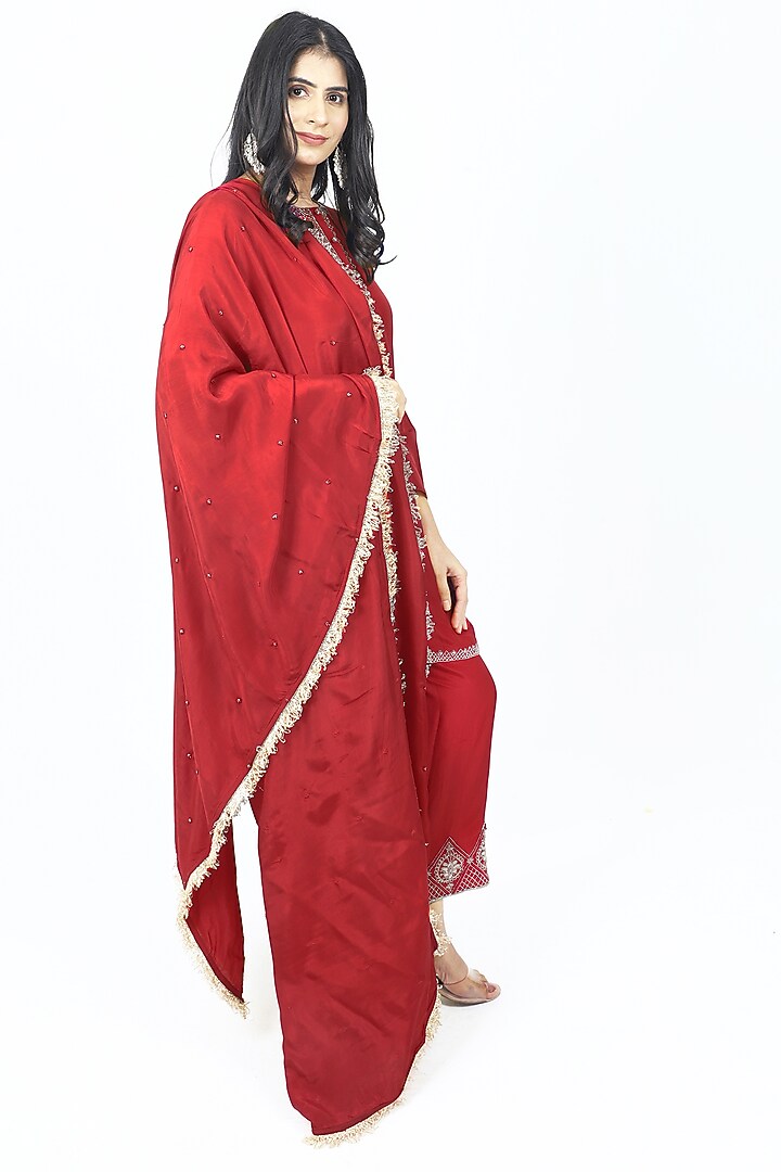 Red Pure Silk Cutdana & Dabka Embroidered Kurta Set by VILAAS at Pernia's Pop Up Shop