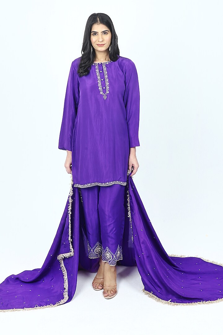 Purple Pure Silk Cutdana & Dabka Embroidered Kurta Set by VILAAS