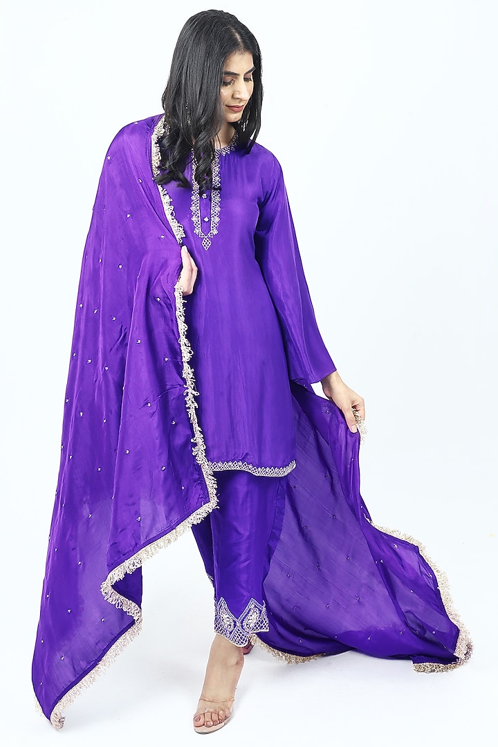 Purple Pure Silk Cutdana & Dabka Embroidered Kurta Set by VILAAS at Pernia's Pop Up Shop