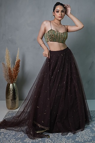 Brown Net Lehenga Set by VILAAS