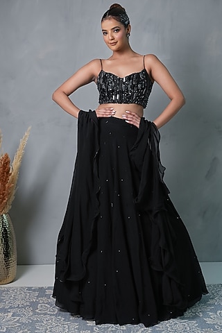 Black Organza & Net Lehenga Set by VILAAS