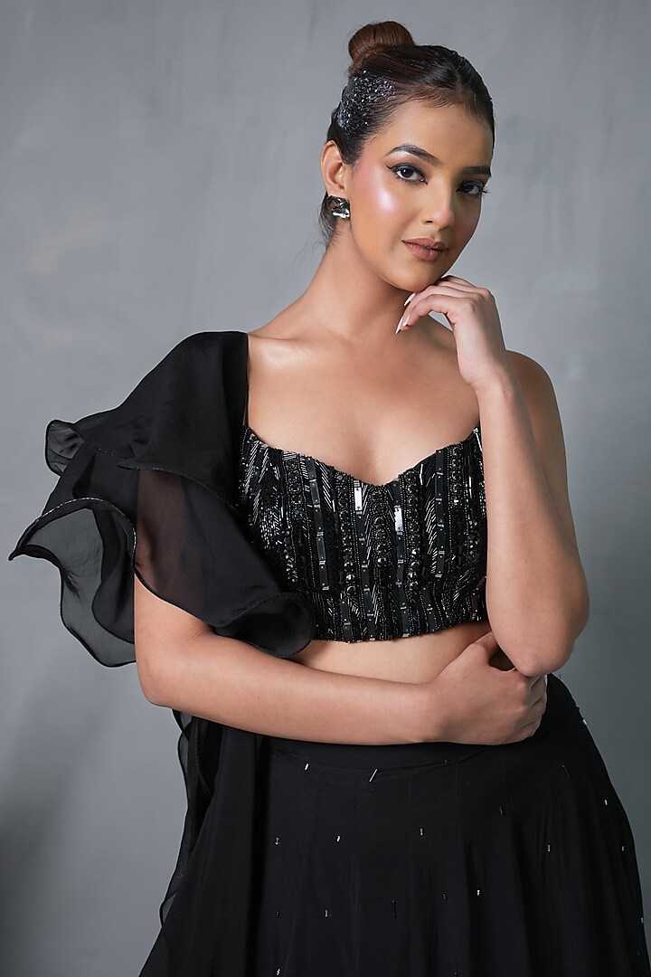 Black Organza & Net Wedding Lehenga Set by VILAAS at Pernia's Pop Up Shop