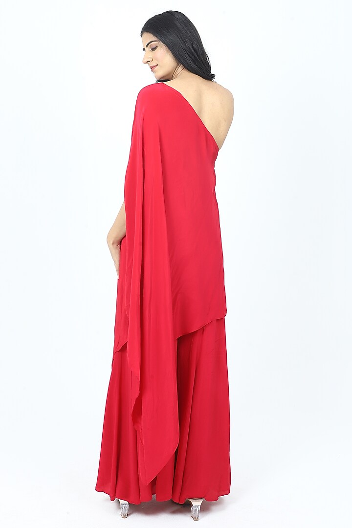 Pink Crepe Floral Pearl Embellished One-Shoulder Kaftan Set by VILAAS at Pernia's Pop Up Shop