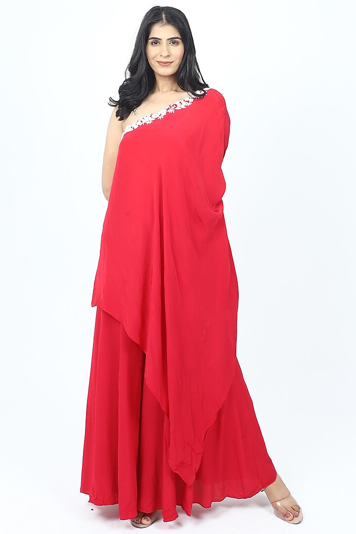 Pink Crepe Floral Pearl Embellished One-Shoulder Kaftan Set by VILAAS at Pernia's Pop Up Shop