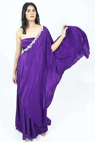 Purple Crepe Floral Pearl Embroidered One-Shoulder Kaftan Set by VILAAS