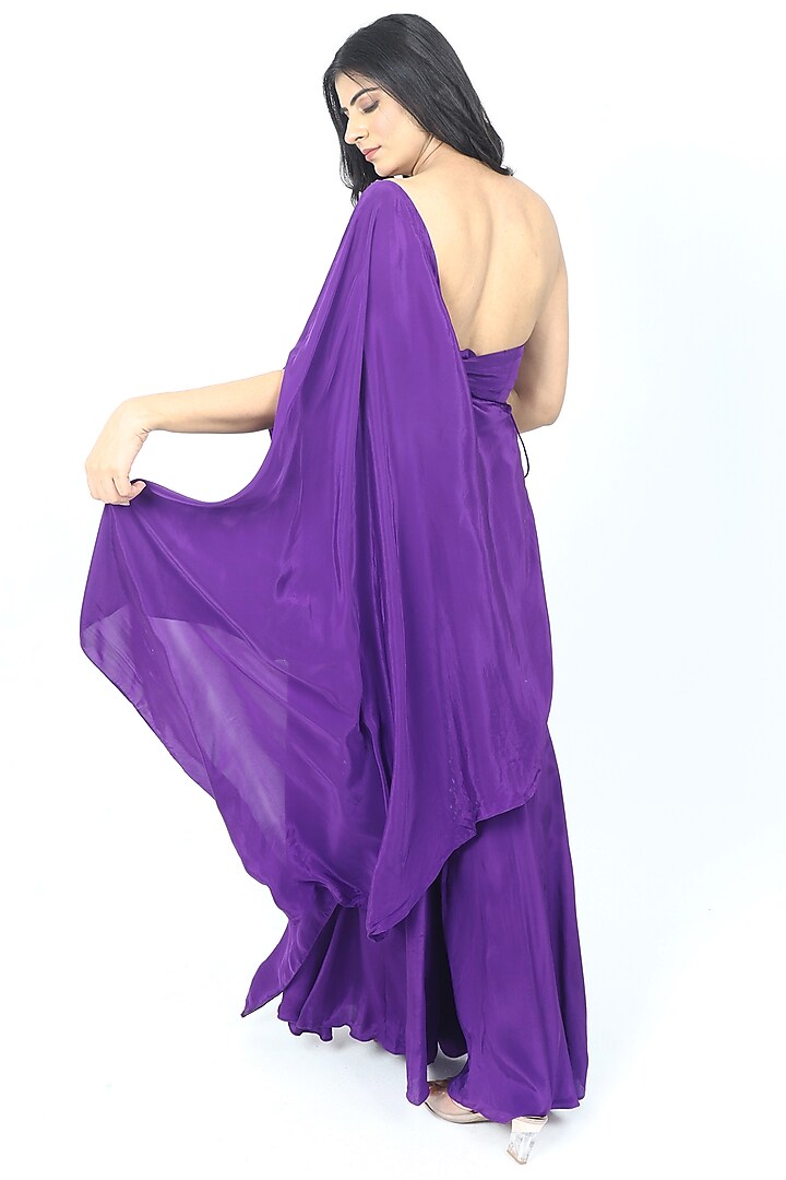 Purple Crepe Floral Pearl Embroidered One-Shoulder Kaftan Set by VILAAS at Pernia's Pop Up Shop