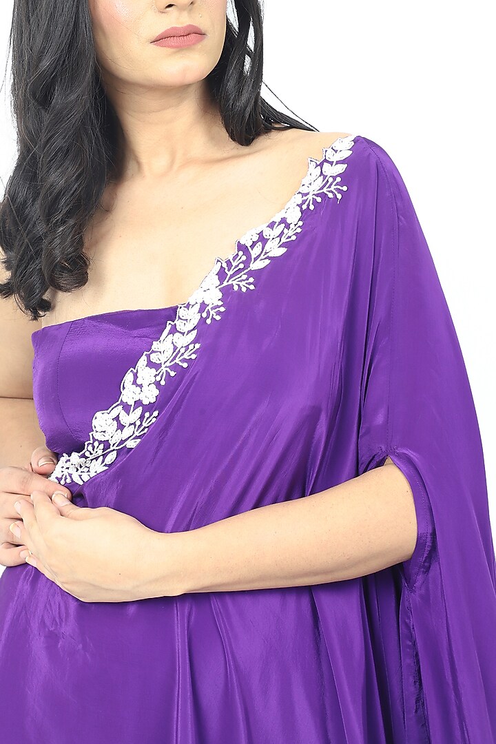 Purple Crepe Floral Pearl Embroidered One-Shoulder Kaftan Set by VILAAS at Pernia's Pop Up Shop