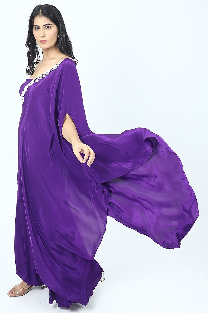 Purple Crepe Floral Pearl Embroidered One-Shoulder Kaftan Set by VILAAS at Pernia's Pop Up Shop