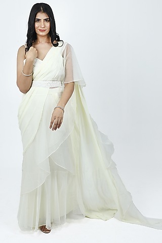 Off-White Chiffon & Organza Draped Saree Set by VILAAS