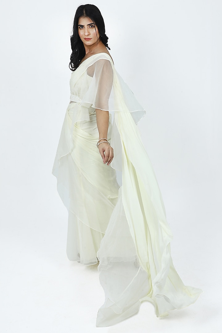Off-White Chiffon & Organza Draped Wedding Saree Set by VILAAS at Pernia's Pop Up Shop