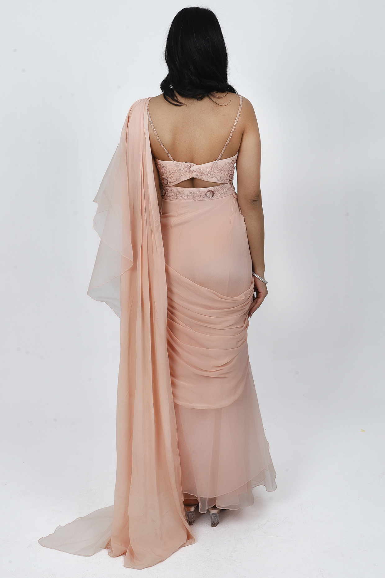 Peach Chiffon & Organza Draped Wedding Saree Set by VILAAS at Pernia's Pop Up Shop