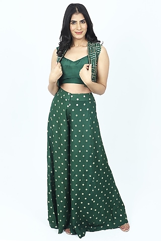 Green Dola Silk Hand Embroidered Short Jacket Set by VILAAS