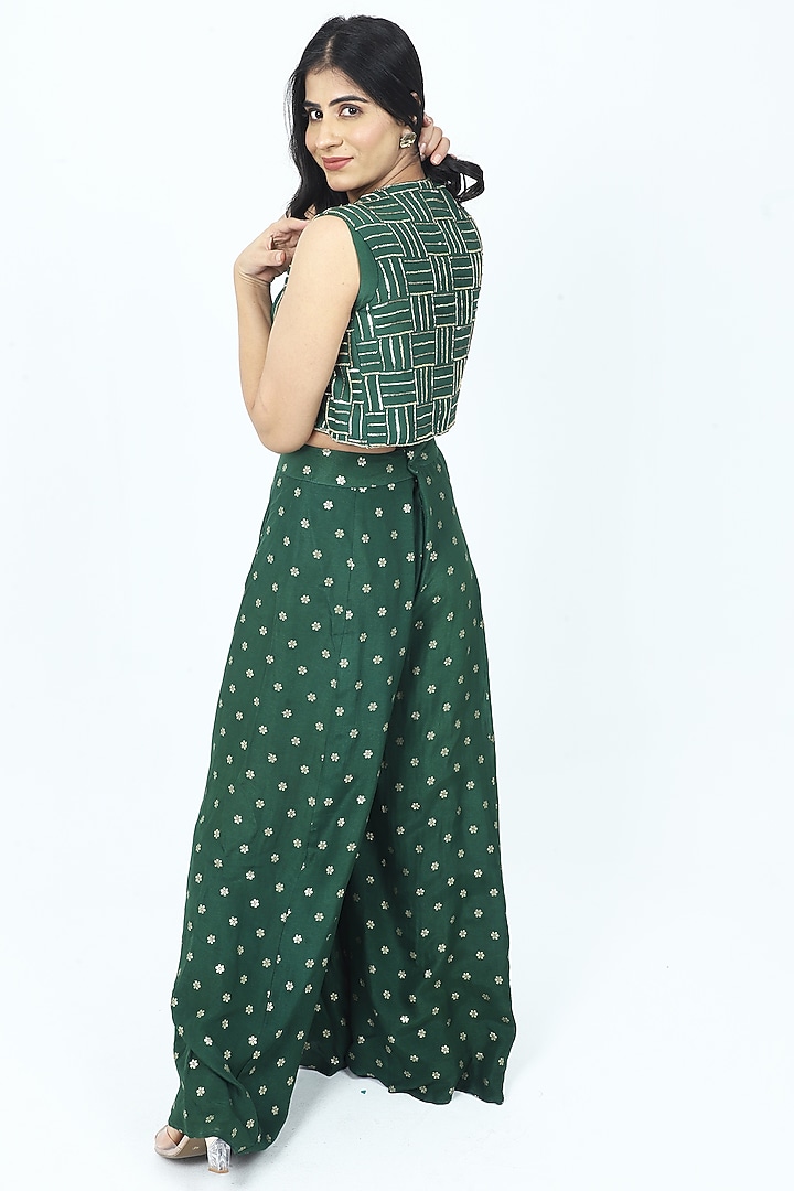 Green Dola Silk Hand Embroidered Short Jacket Set by VILAAS at Pernia's Pop Up Shop