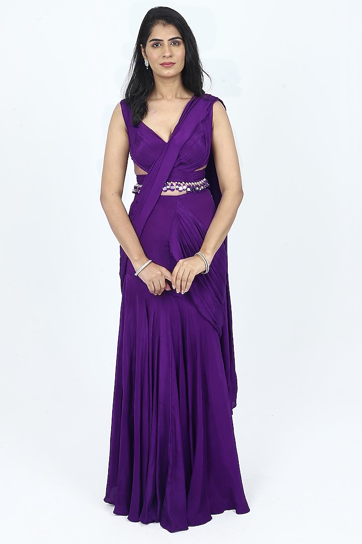 Purple Crepe Draped Saree Set by VILAAS