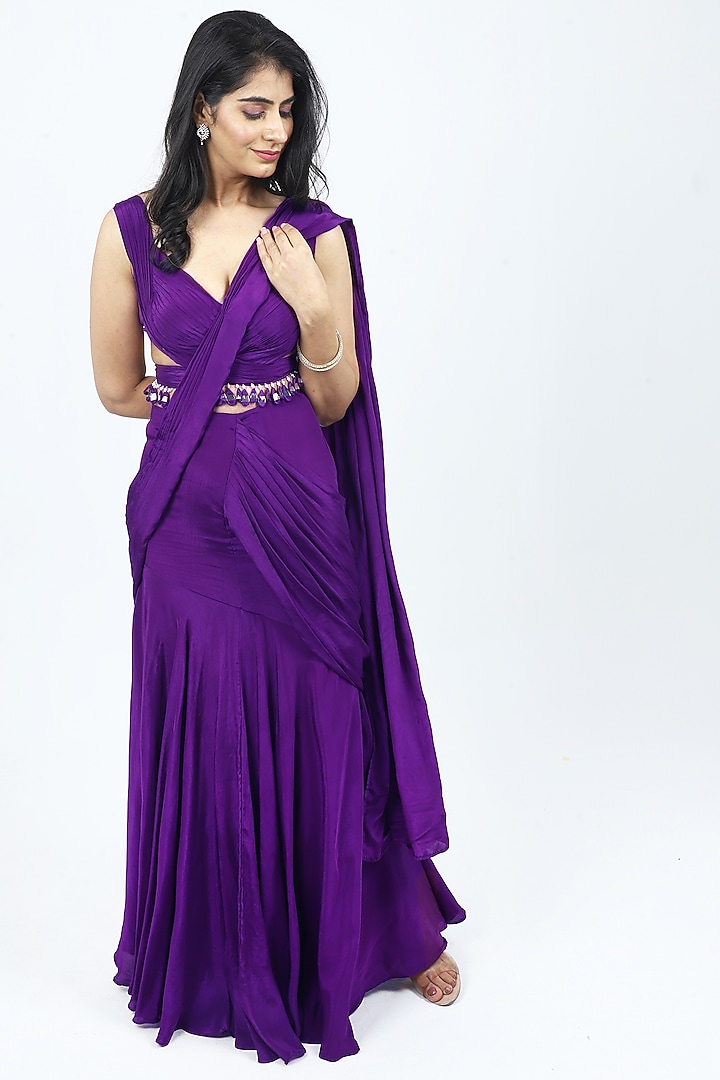 Purple Crepe Draped Wedding Saree Set by VILAAS at Pernia's Pop Up Shop