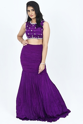 Purple Crepe Mermaid Ruched Lehenga Set by VILAAS
