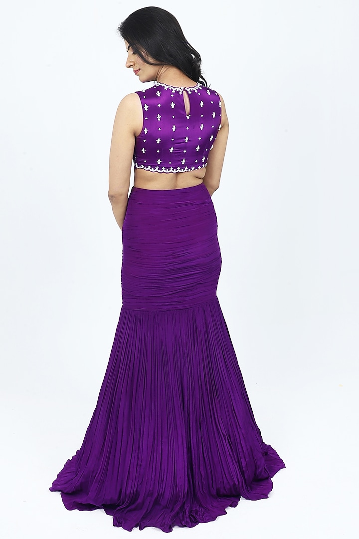 Purple Crepe Mermaid Ruched Wedding Lehenga Set by VILAAS at Pernia's Pop Up Shop