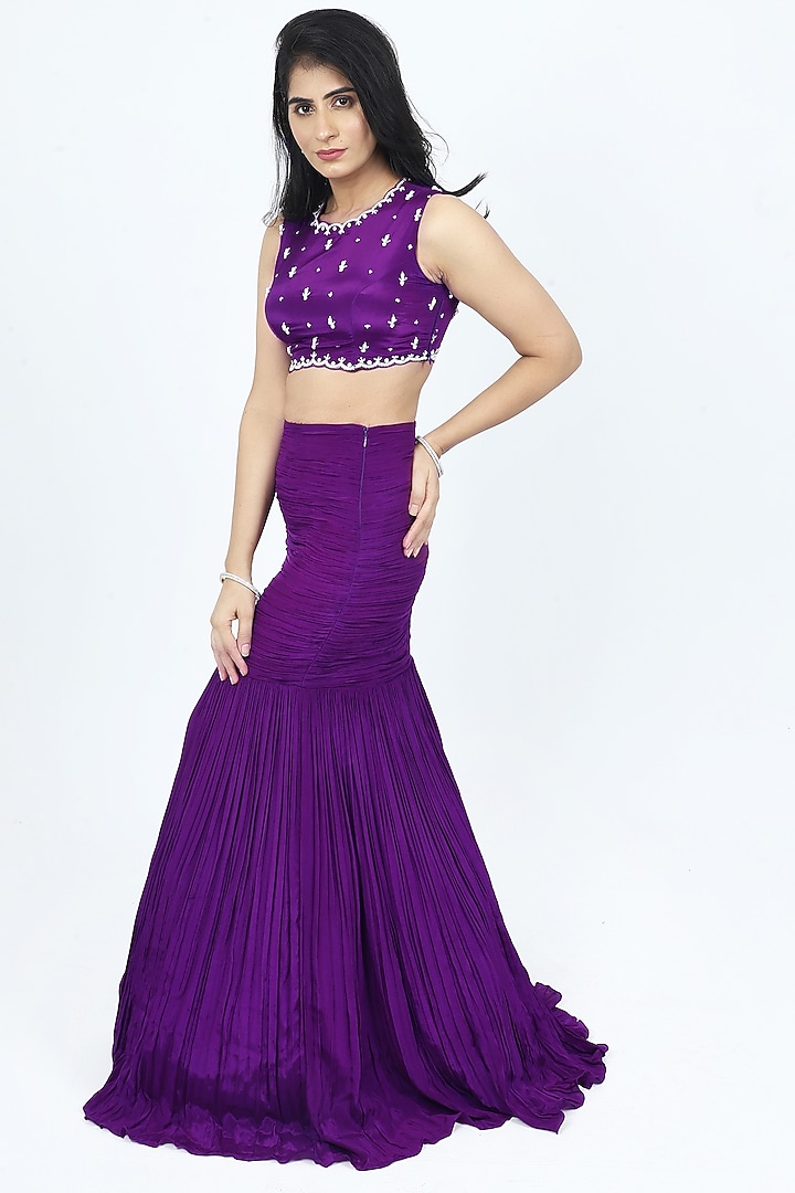 Purple Crepe Mermaid Ruched Wedding Lehenga Set by VILAAS at Pernia's Pop Up Shop