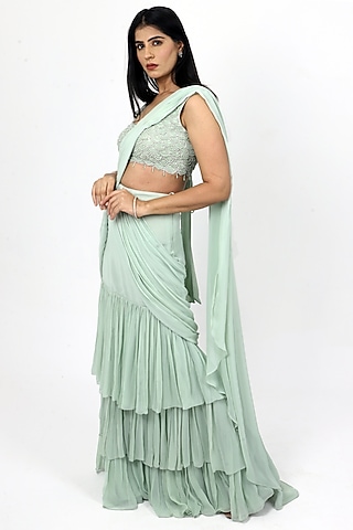 Sage Green Georgette Draped Saree Set by VILAAS