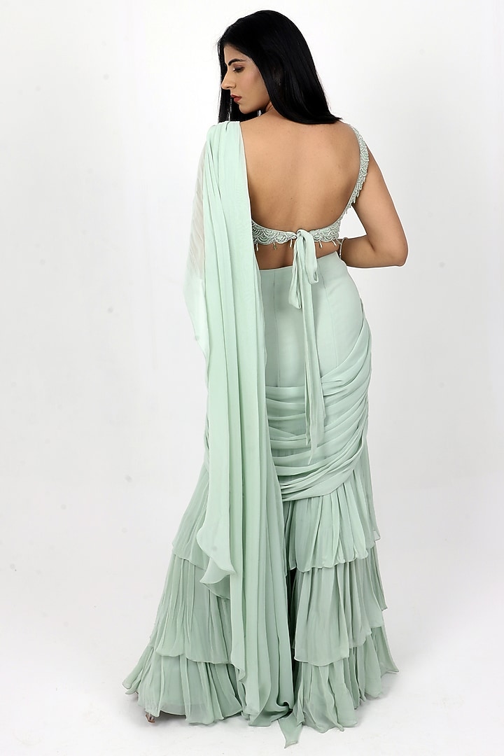 Sage Green Georgette Draped Party Wear Saree Set by VILAAS at Pernia's Pop Up Shop