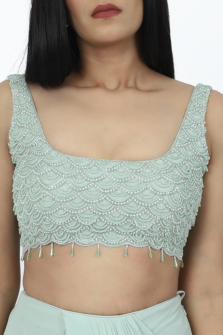 Sage Green Georgette Draped Party Wear Saree Set by VILAAS at Pernia's Pop Up Shop