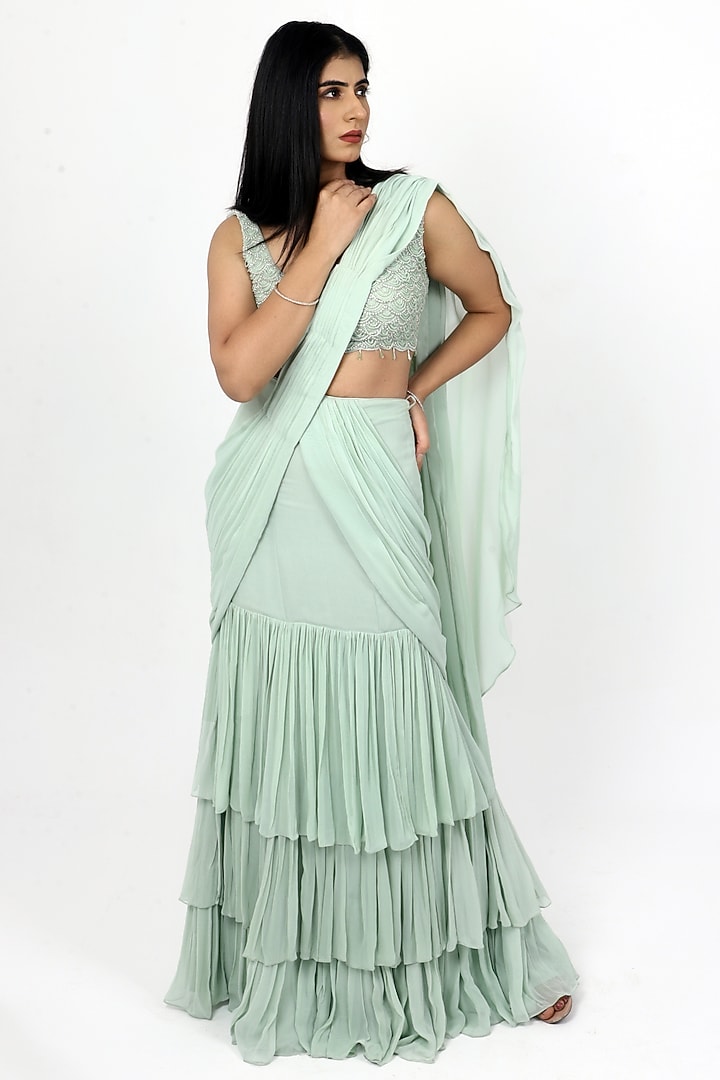 Sage Green Georgette Draped Party Wear Saree Set by VILAAS at Pernia's Pop Up Shop
