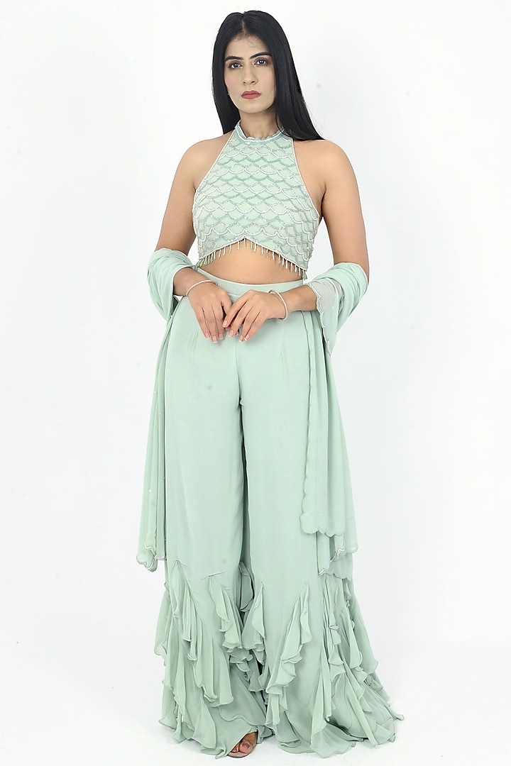 Sage Green Georgette Embroidered Co-Ord Set by VILAAS