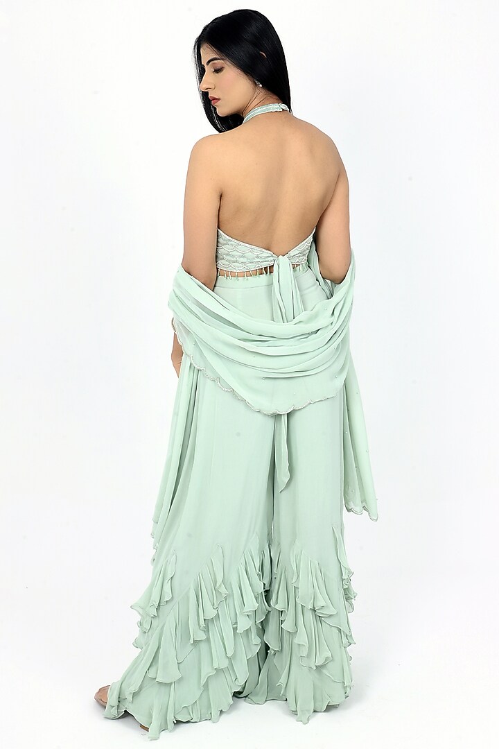 Sage Green Georgette Embroidered Co-Ord Set by VILAAS at Pernia's Pop Up Shop