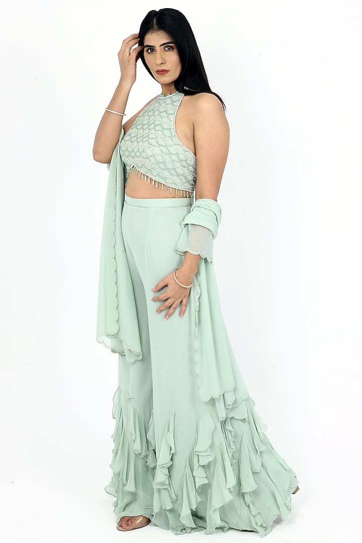Sage Green Georgette Embroidered Co-Ord Set by VILAAS at Pernia's Pop Up Shop