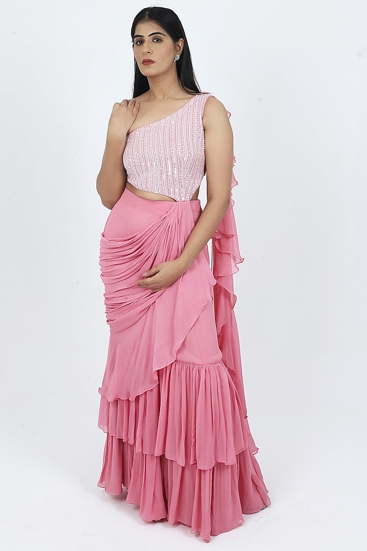 Pink Georgette Cutdana & Sequins Embroidered Gown by VILAAS
