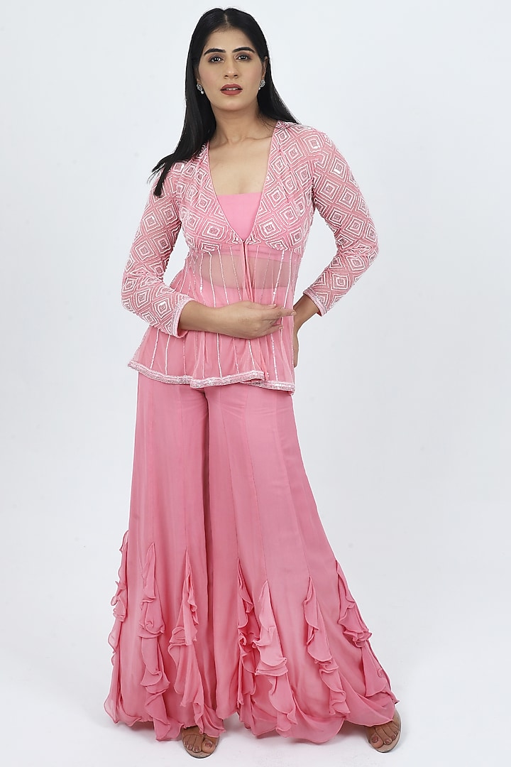 Pink Georgette Cutdana & Sequins Hand Embroidered Jacket Set by VILAAS