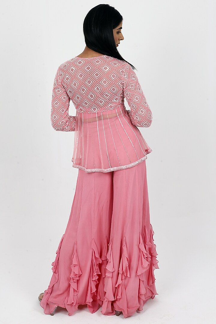 Pink Georgette Cutdana & Sequins Hand Embroidered Jacket Set by VILAAS at Pernia's Pop Up Shop