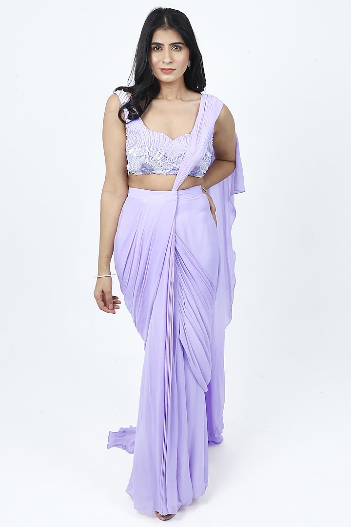Lilac Georgette Draped Saree Set by VILAAS