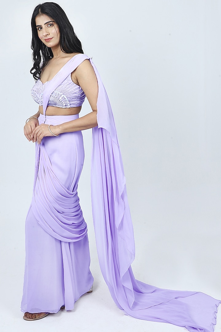 Lilac Georgette Draped Wedding Saree Set by VILAAS at Pernia's Pop Up Shop