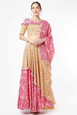 Sand Yellow & Fuchsia Printed & Embroidered Lehenga Set by Vishala Shree