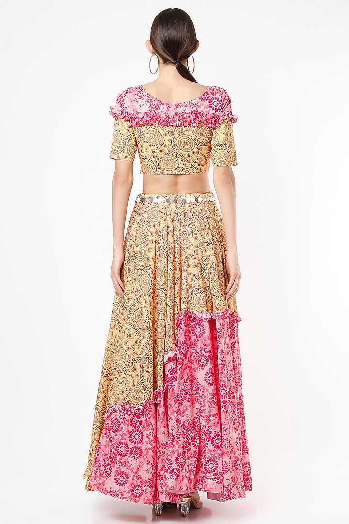 Sand Yellow & Fuchsia Printed & Embroidered Lehenga Set by Vishala Shree at Pernia's Pop Up Shop