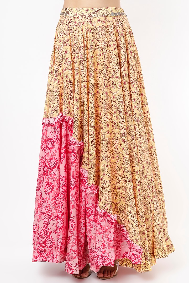 Sand Yellow & Fuchsia Printed & Embroidered Lehenga Set by Vishala Shree at Pernia's Pop Up Shop