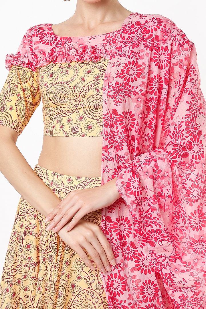 Sand Yellow & Fuchsia Printed & Embroidered Lehenga Set by Vishala Shree at Pernia's Pop Up Shop