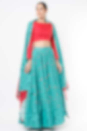 Sky Blue Printed & Embroidered Lehenga Set by Vishala Shree at Pernia's Pop Up Shop