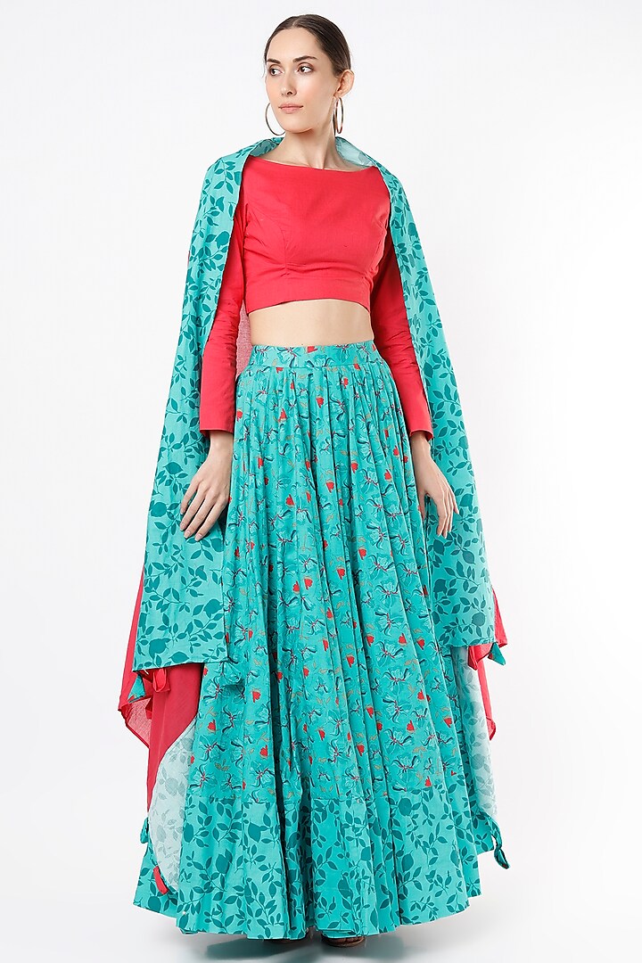 Sky Blue Printed & Embroidered Lehenga Set by Vishala Shree at Pernia's Pop Up Shop