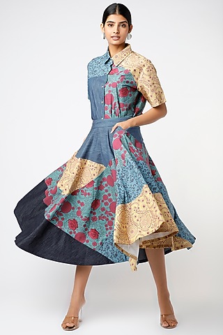 Cobalt Blue Printed Blocked Skirt by Vishala Shree