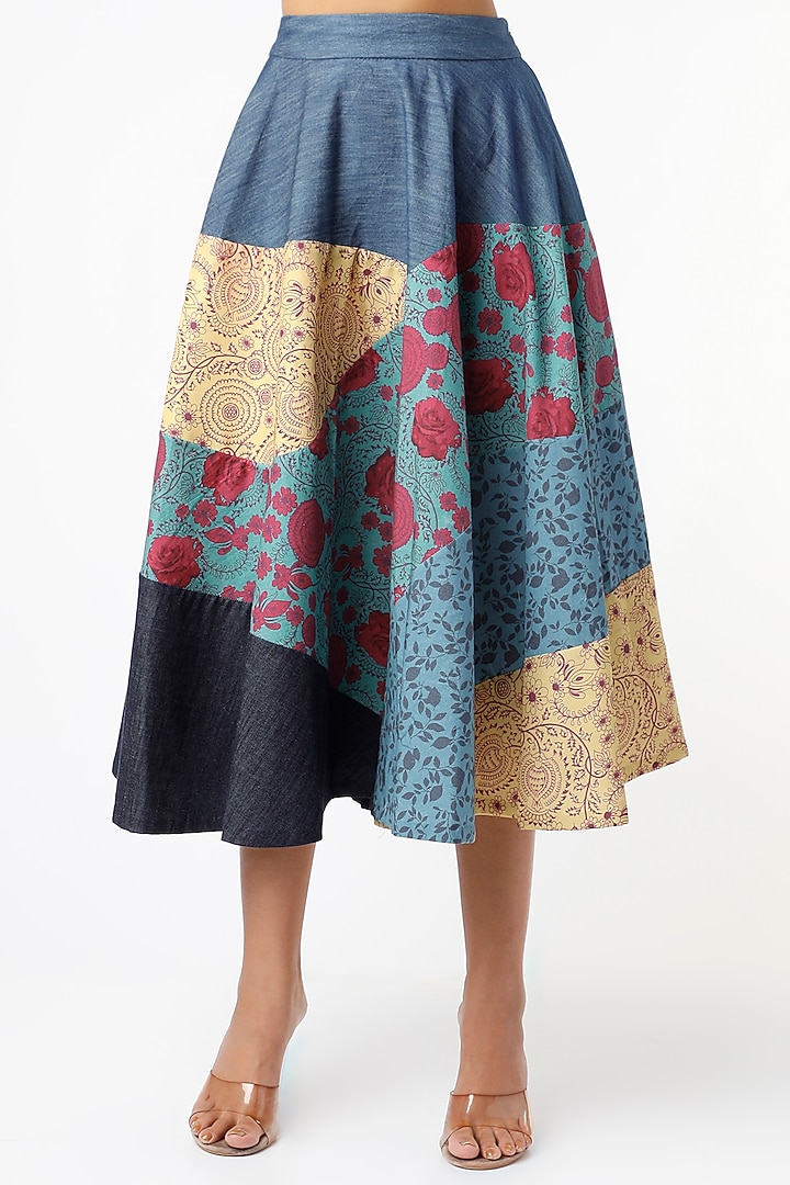 Cobalt Blue Printed Blocked Skirt by Vishala Shree at Pernia's Pop Up Shop
