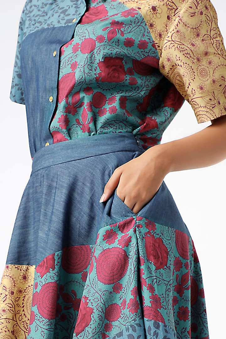 Cobalt Blue Printed Blocked Skirt by Vishala Shree at Pernia's Pop Up Shop