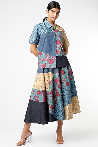 Cobalt Blue Printed Blocked Shirt by Vishala Shree