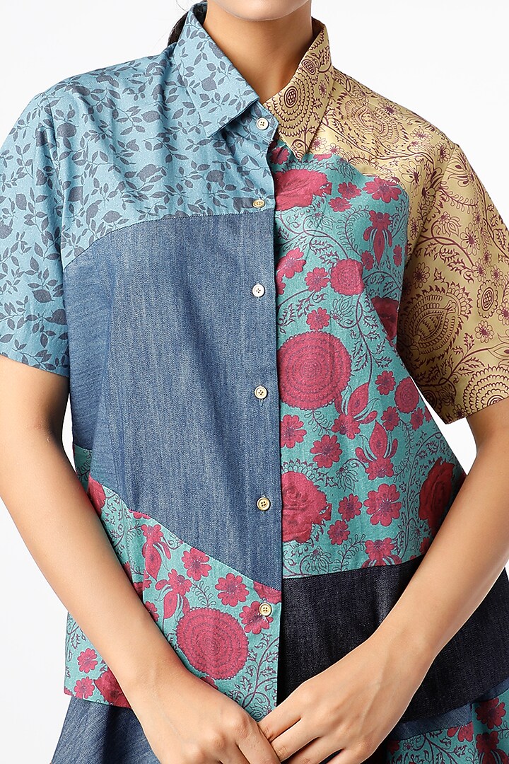 Cobalt Blue Printed Blocked Shirt by Vishala Shree at Pernia's Pop Up Shop