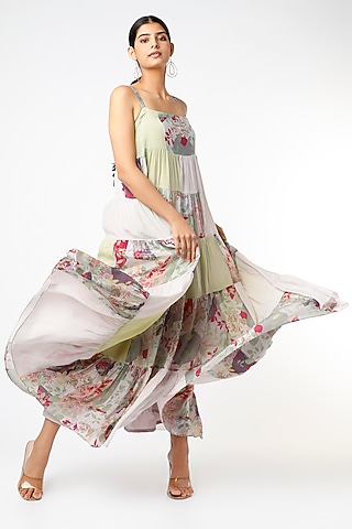 Nude Printed Tiered Dress by Vishala Shree