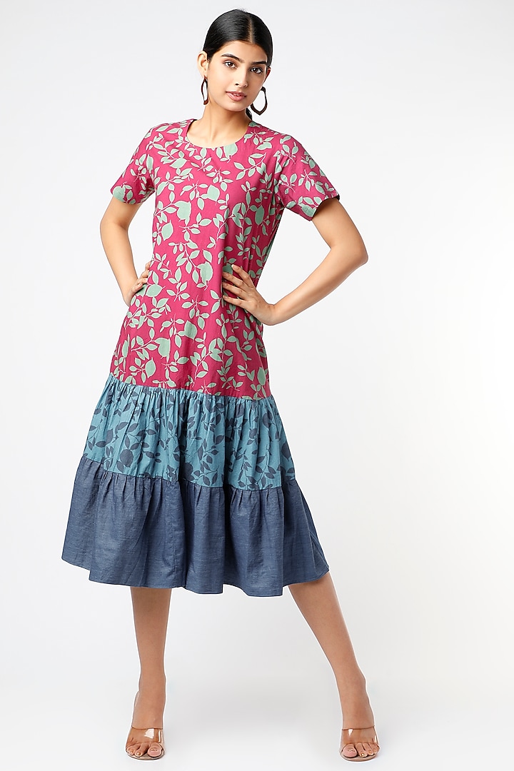 Fuchsia Printed Blocked Dress by Vishala Shree