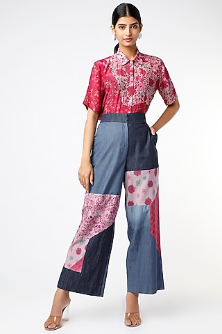 Cobalt Blue Printed Ombre Straight Pants by Vishala Shree