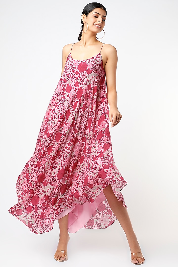 Blush Pink Printed Asymmetrical Slip Dress by Vishala Shree